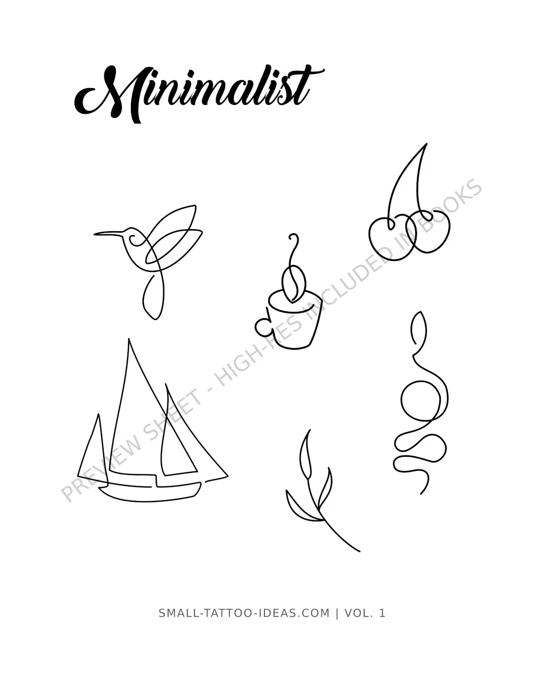 Minimalist single line hummingbird sailboat and cherry tattoo flash sheet with clean stencils for finger or wrist placement