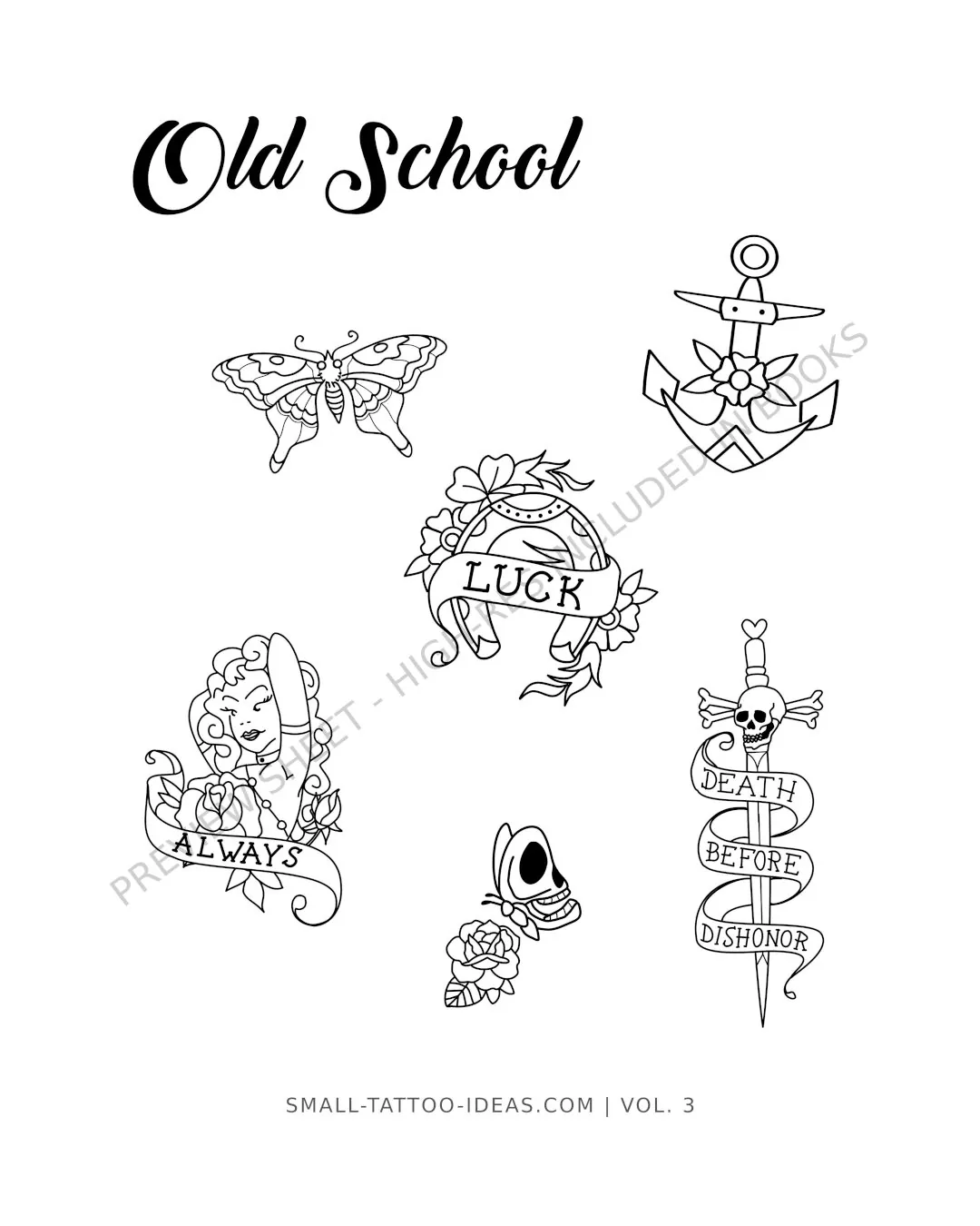 American traditional anchor dagger and horseshoe tattoo flash sheet with clean script stencils for arm placement