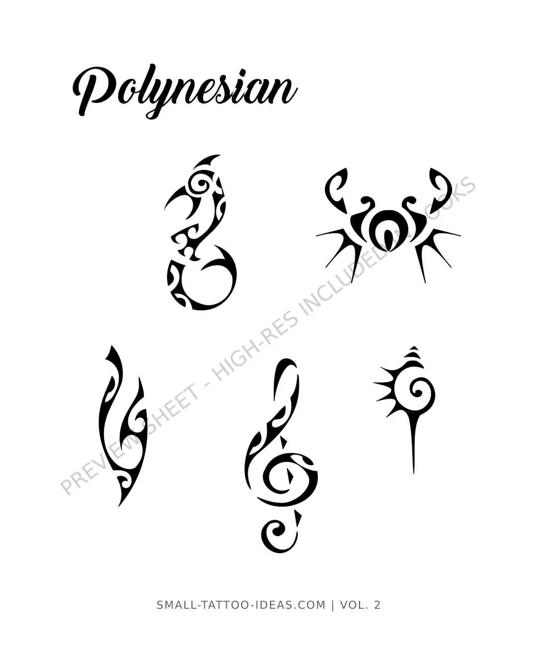 Small Polynesian fish hook crab and shell tattoo flash sheet with black stencils for shoulder or leg placement