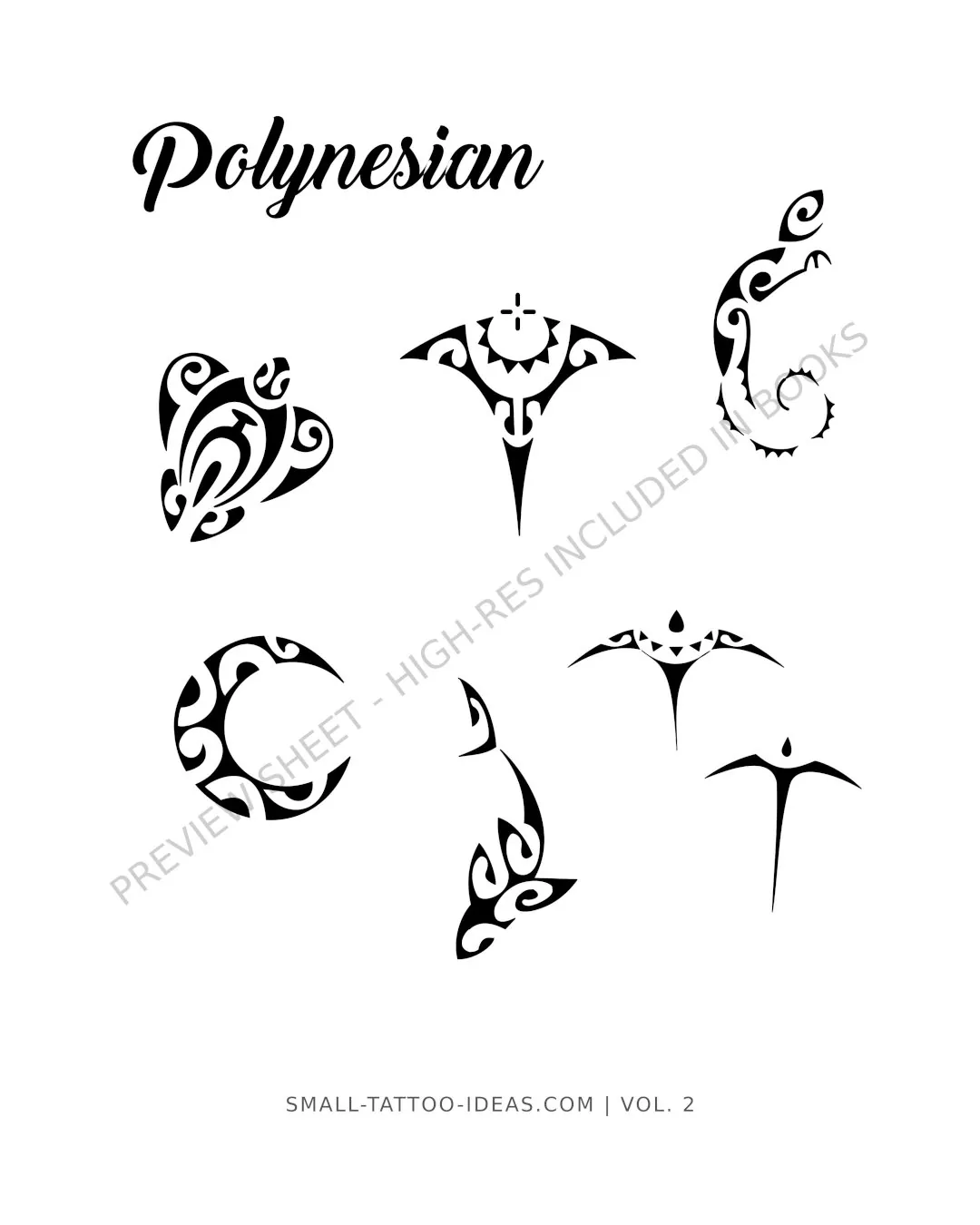 Small Polynesian manta ray sea turtle and shark tattoo flash sheet with black tribal stencils for hand or rib placement