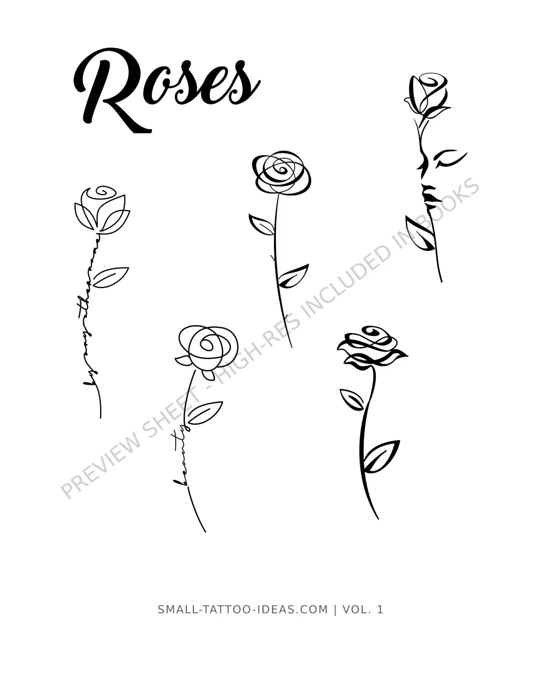 Fine line rose tattoo flash sheet with single line flower stems and script for delicate wrist or collarbone placement
