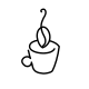 An understated visual outline of a cozy coffee cup with subtle steam lines that draw a coffee bean, rendered as a clean minimal single-line art.