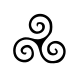 An ancient Celtic Triskell emblem with three fluid, interlinked spirals, displaying dynamic continuous linear geometry in clean black ink.
