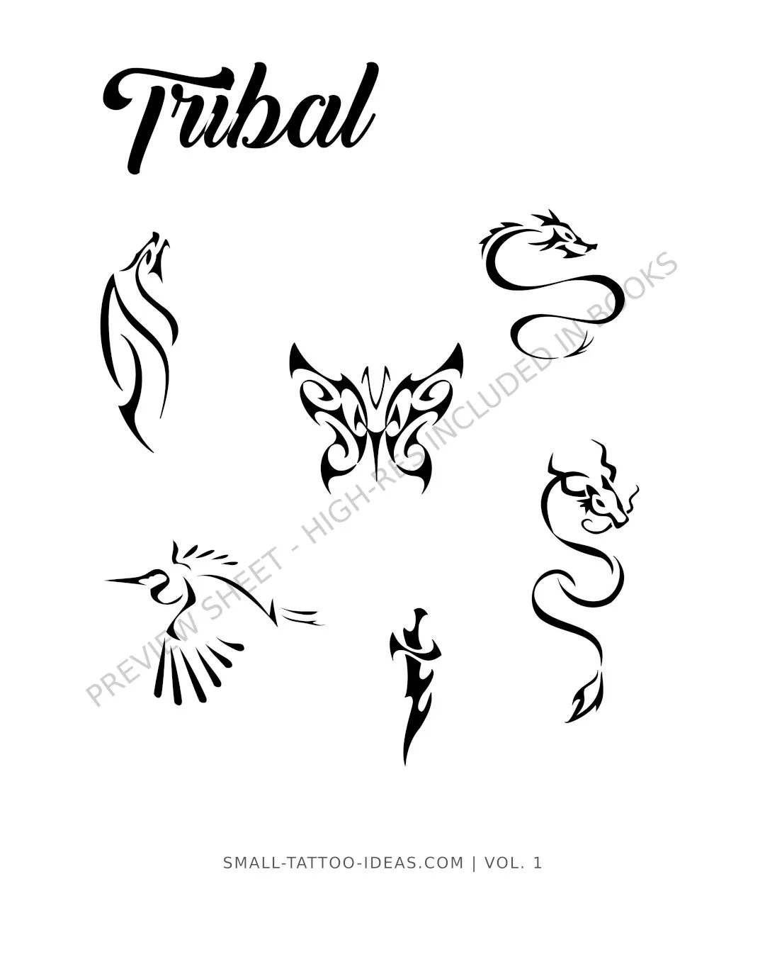 Minimalist tribal dragon dagger and butterfly tattoo flash sheet with clean black stencils for arm or ankle placement