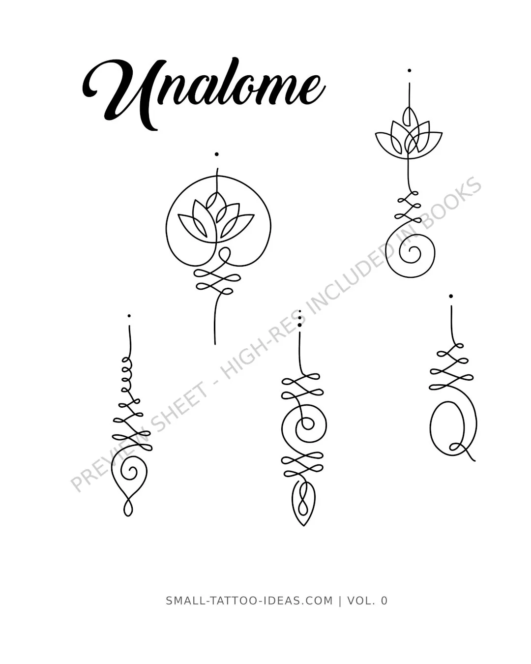 Spiritual Unalome lotus tattoo flash sheet featuring sacred geometry line art stencils for wrist or spine placement